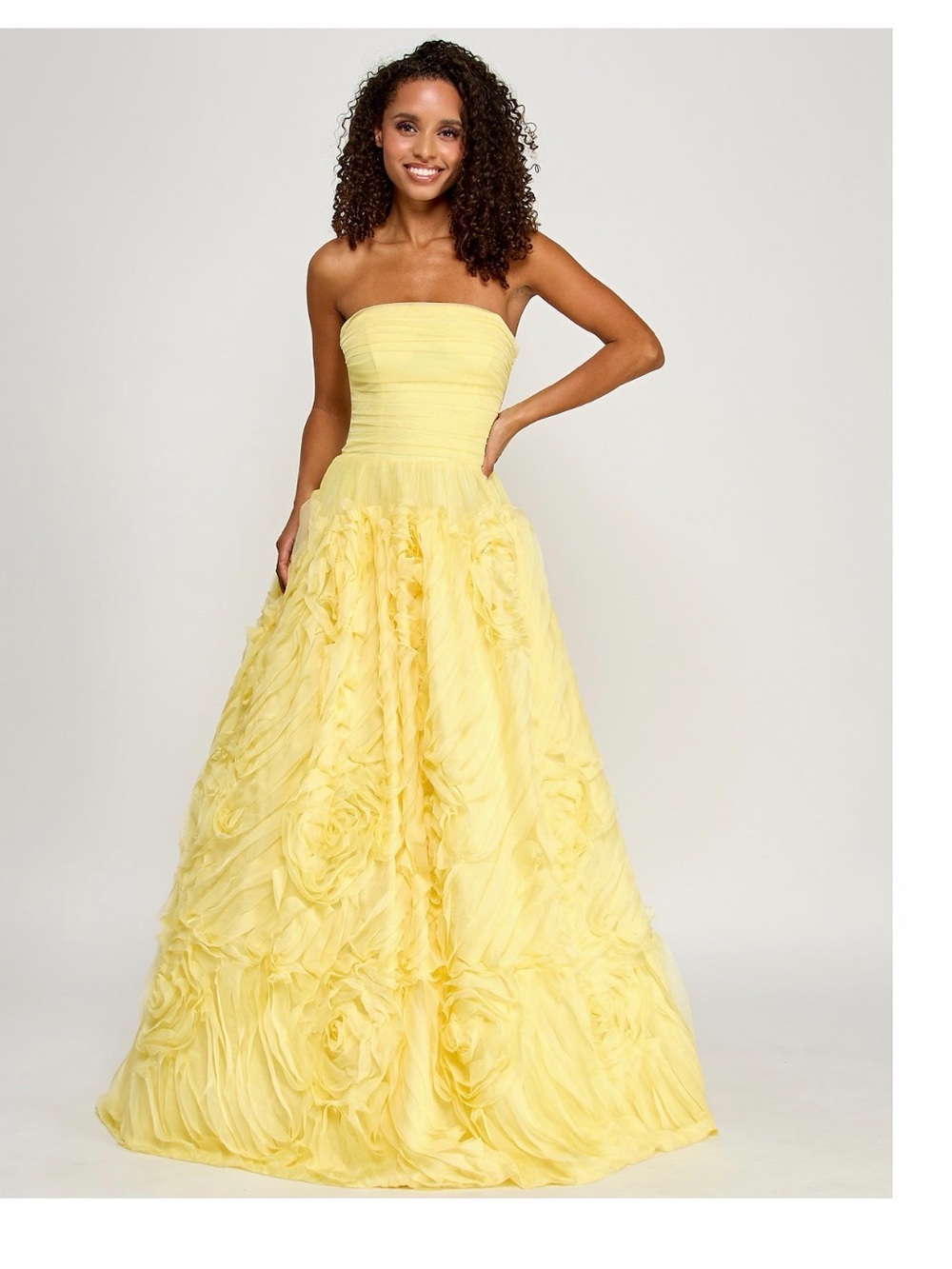 Strapless Yellow Floral-Textured Prom Ball Gown